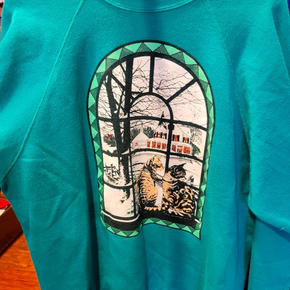 VTG 90s Hanes 🐈 Cats In Window Winter Scene 🪟 ❄️